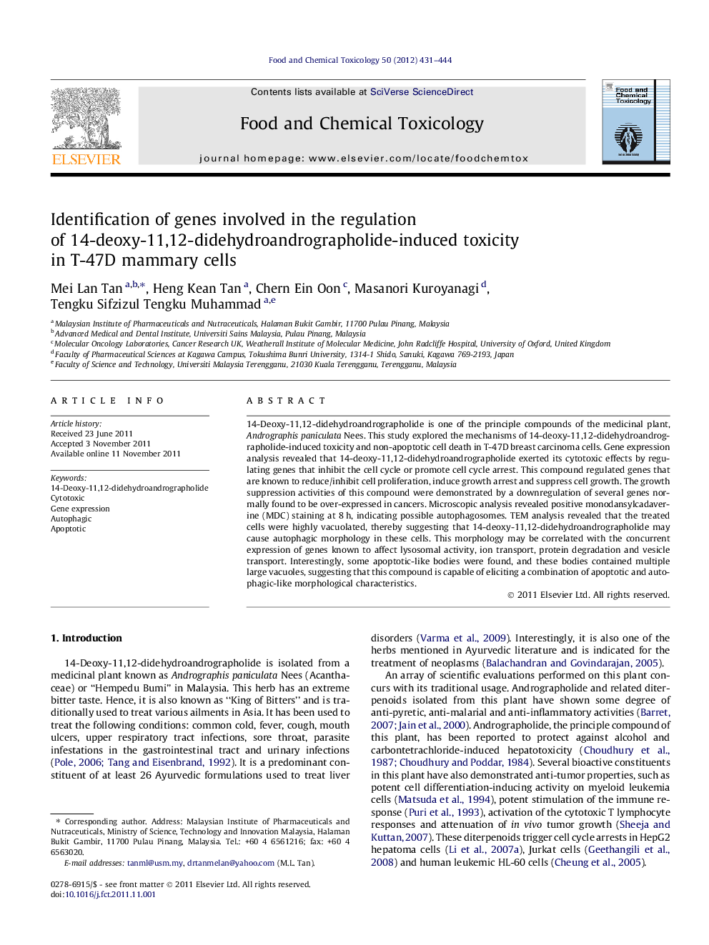 Identification of genes involved in the regulation of 14-deoxy-11,12-didehydroandrographolide-induced toxicity in T-47D mammary cells