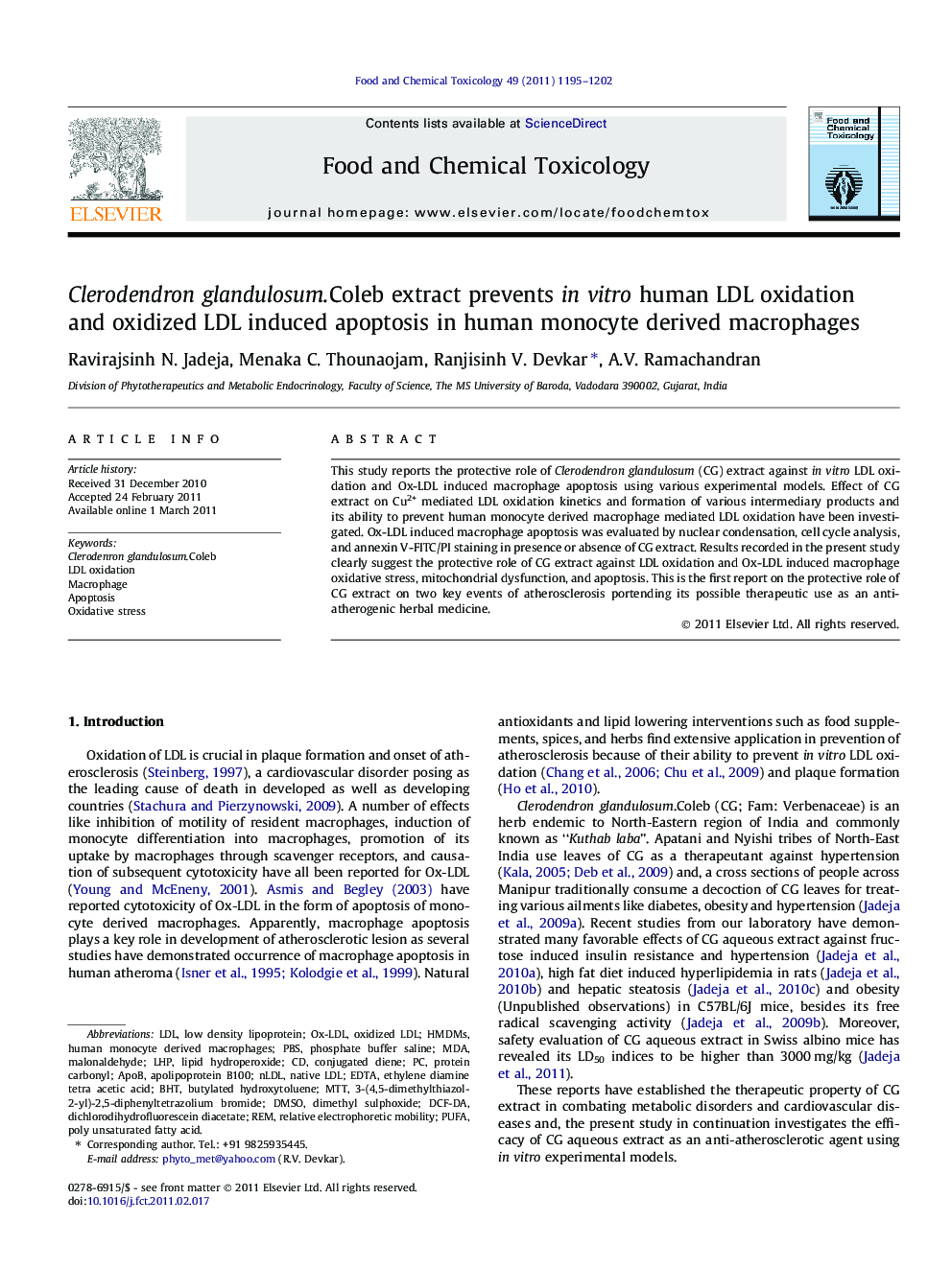 Clerodendron glandulosum.Coleb extract prevents in vitro human LDL oxidation and oxidized LDL induced apoptosis in human monocyte derived macrophages