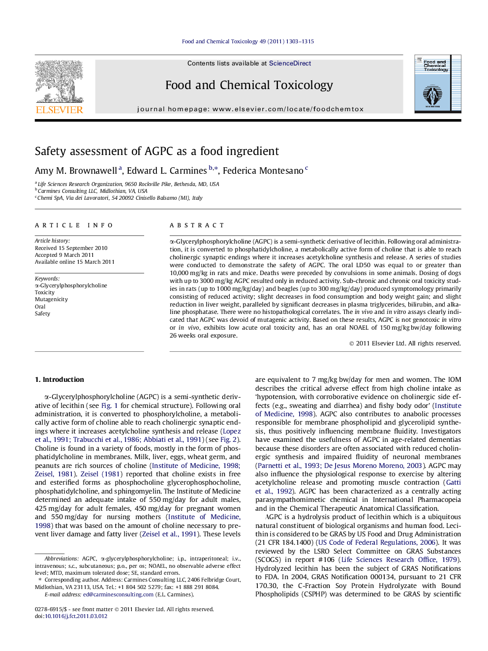 Safety assessment of AGPC as a food ingredient