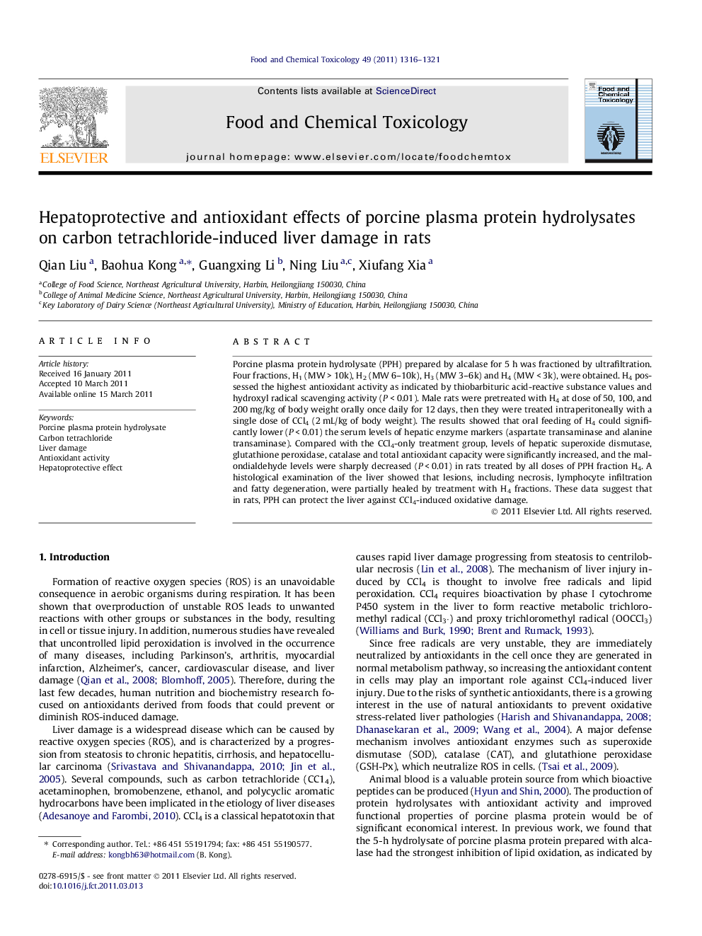 Hepatoprotective and antioxidant effects of porcine plasma protein hydrolysates on carbon tetrachloride-induced liver damage in rats