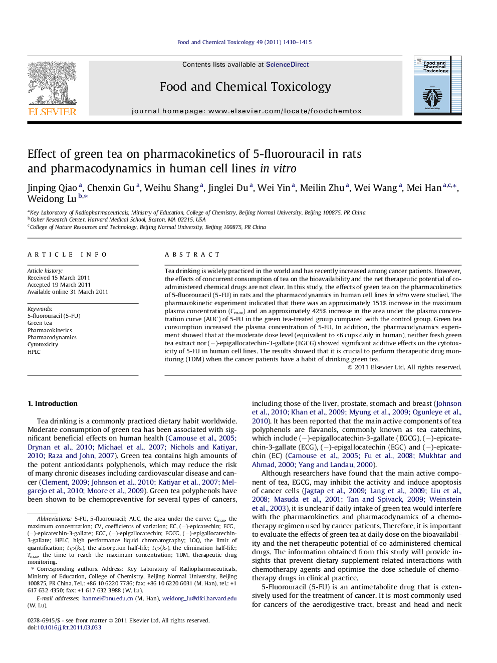 Effect of green tea on pharmacokinetics of 5-fluorouracil in rats and pharmacodynamics in human cell lines in vitro