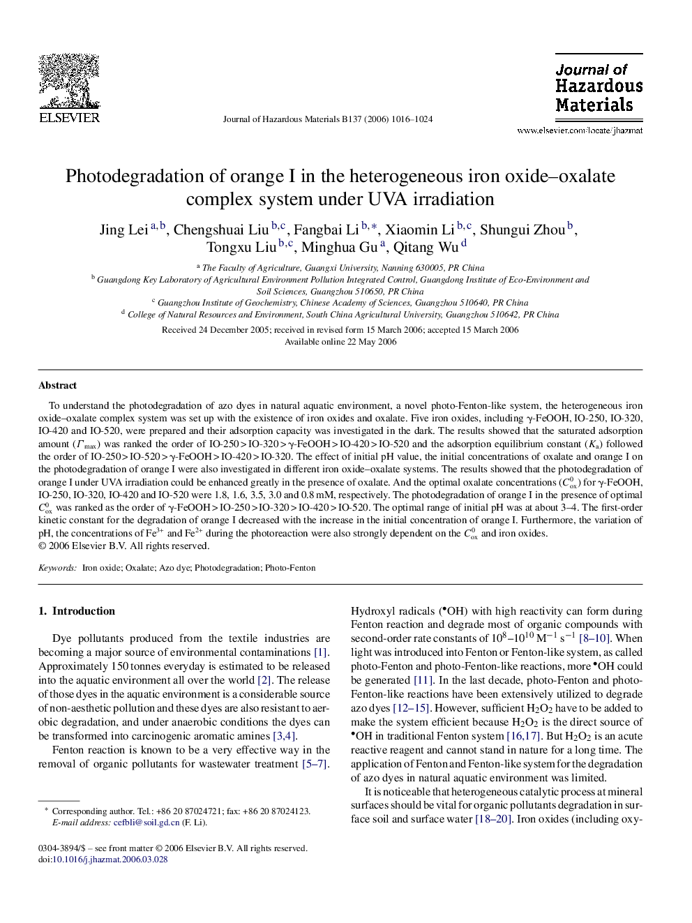 Photodegradation of orange I in the heterogeneous iron oxide-oxalate complex system under UVA irradiation