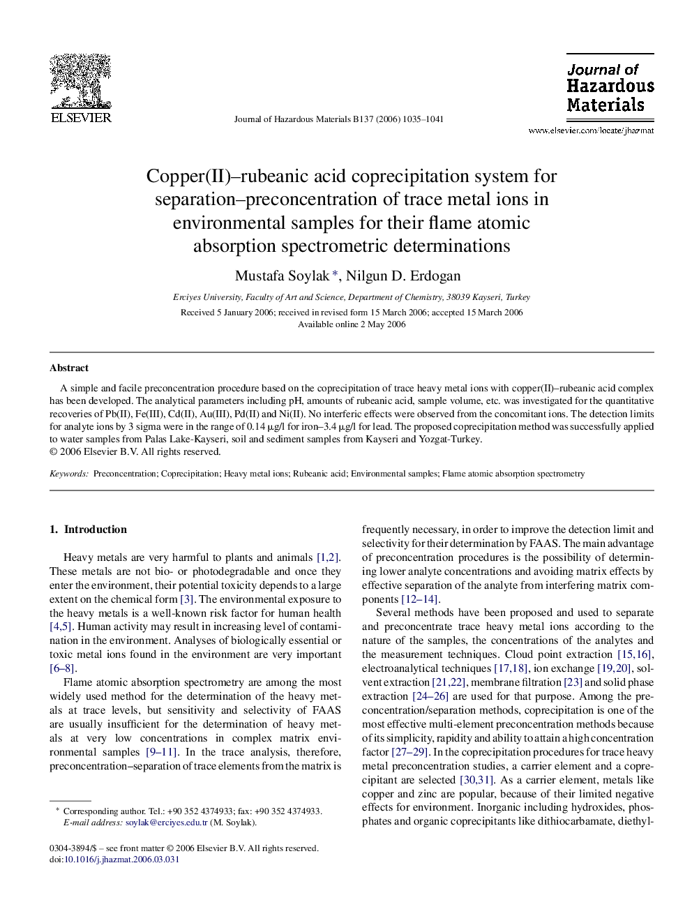 Copper(II)-rubeanic acid coprecipitation system for separation-preconcentration of trace metal ions in environmental samples for their flame atomic absorption spectrometric determinations