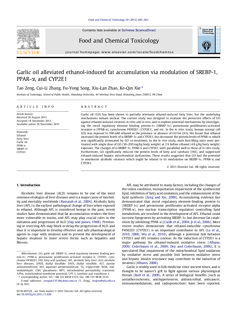 Garlic oil alleviated ethanol-induced fat accumulation via modulation of SREBP-1, PPAR-Î±, and CYP2E1