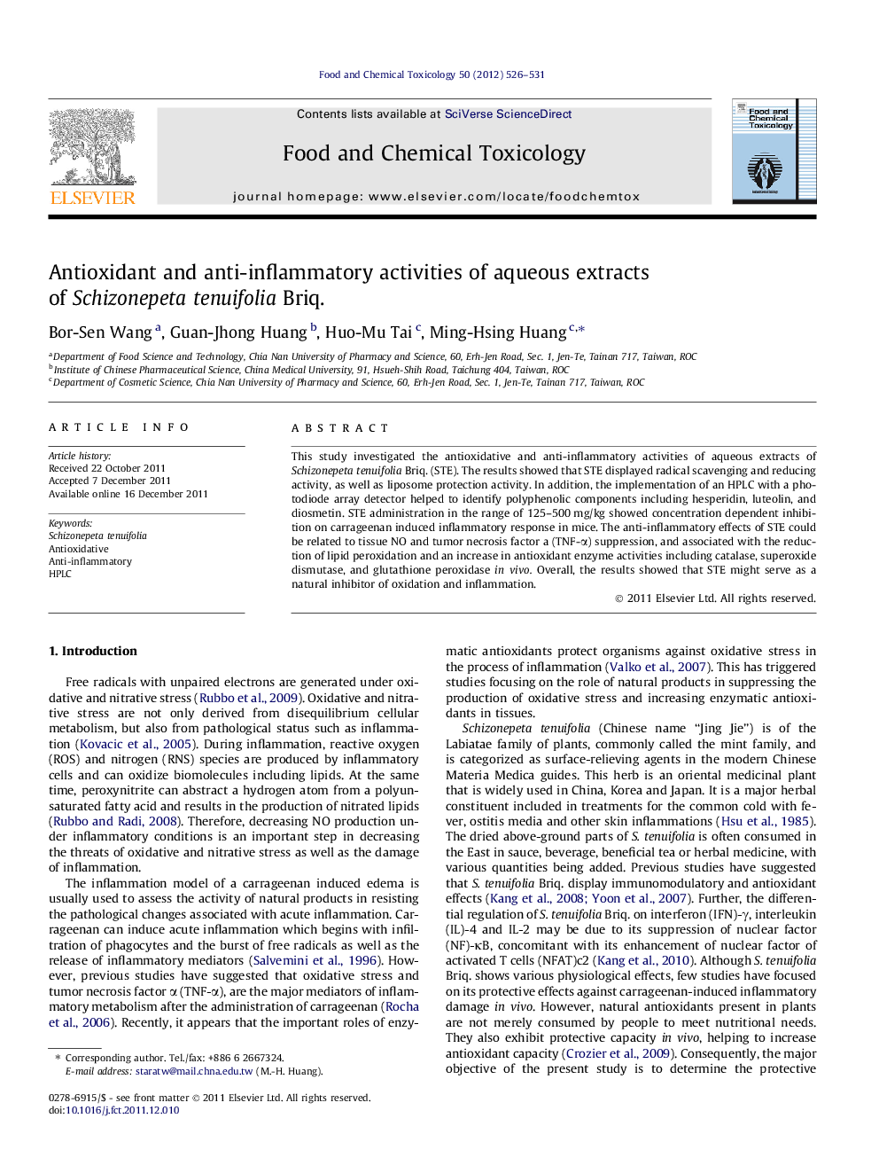 Antioxidant and anti-inflammatory activities of aqueous extracts of Schizonepeta tenuifolia Briq.