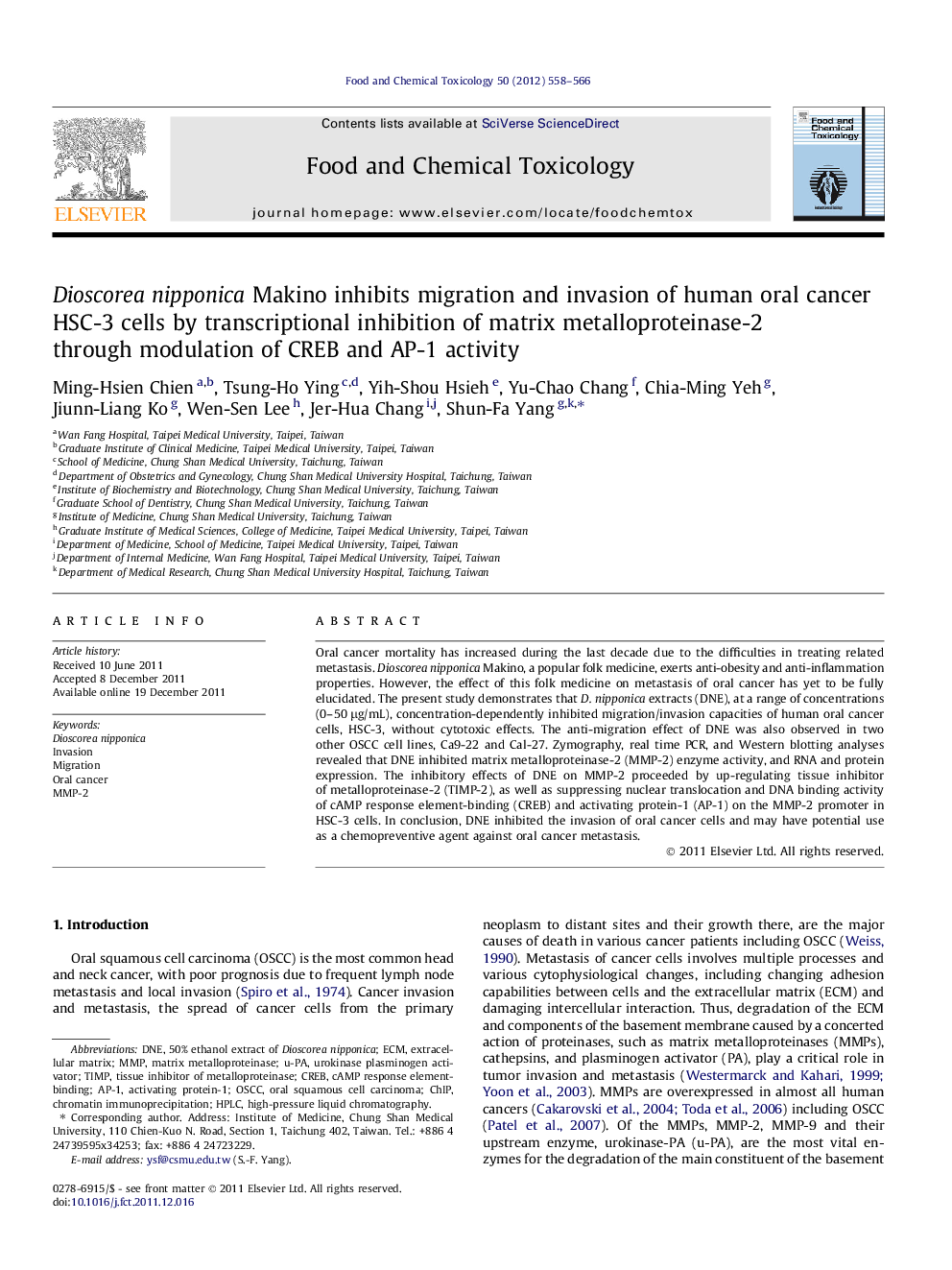 Dioscorea nipponica Makino inhibits migration and invasion of human oral cancer HSC-3 cells by transcriptional inhibition of matrix metalloproteinase-2 through modulation of CREB and AP-1 activity