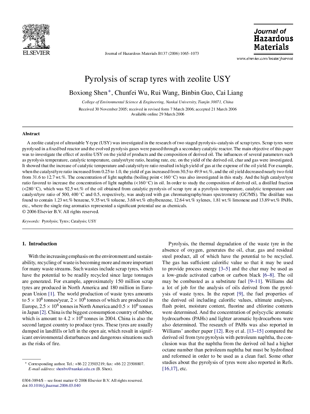 Pyrolysis of scrap tyres with zeolite USY