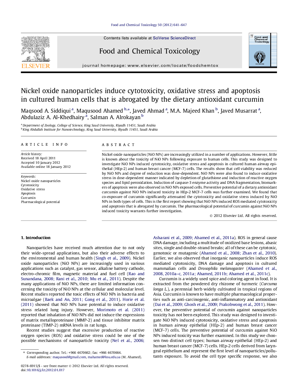 Nickel oxide nanoparticles induce cytotoxicity, oxidative stress and apoptosis in cultured human cells that is abrogated by the dietary antioxidant curcumin