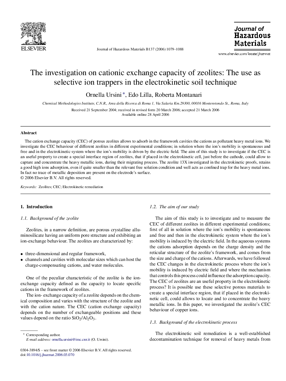 The investigation on cationic exchange capacity of zeolites: The use as selective ion trappers in the electrokinetic soil technique