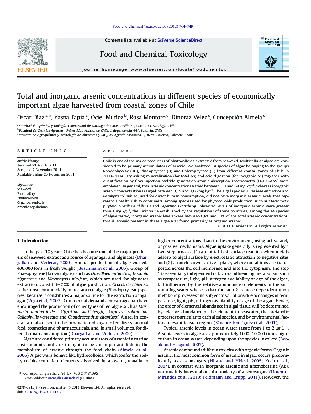 عکس صفحه اول مقاله: Total and inorganic arsenic concentrations in different species of economically important algae harvested from coastal zones of Chile Total and inorganic arsenic concentrations in different species of economically important algae harvested from coastal zones of Chile