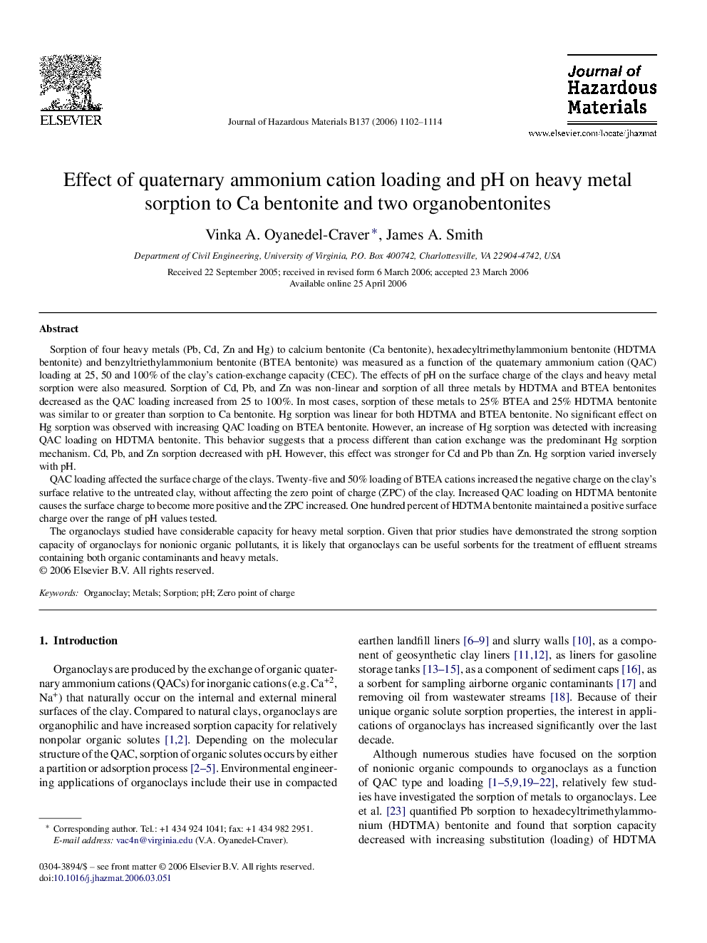 Effect of quaternary ammonium cation loading and pH on heavy metal sorption to Ca bentonite and two organobentonites