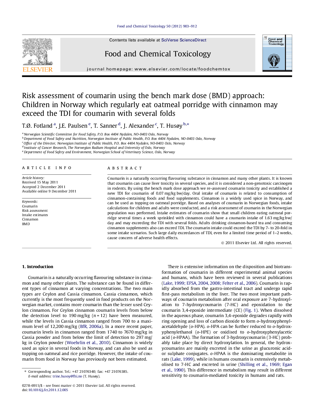 Risk assessment of coumarin using the bench mark dose (BMD) approach: Children in Norway which regularly eat oatmeal porridge with cinnamon may exceed the TDI for coumarin with several folds