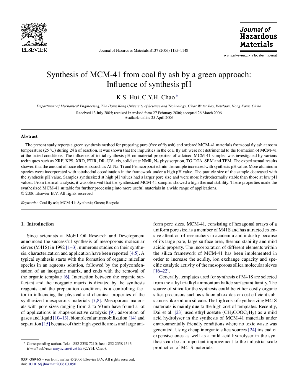 Synthesis of MCM-41 from coal fly ash by a green approach: Influence of synthesis pH