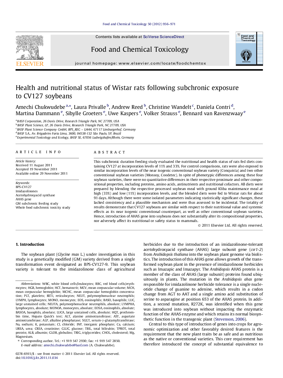 Health and nutritional status of Wistar rats following subchronic exposure to CV127 soybeans