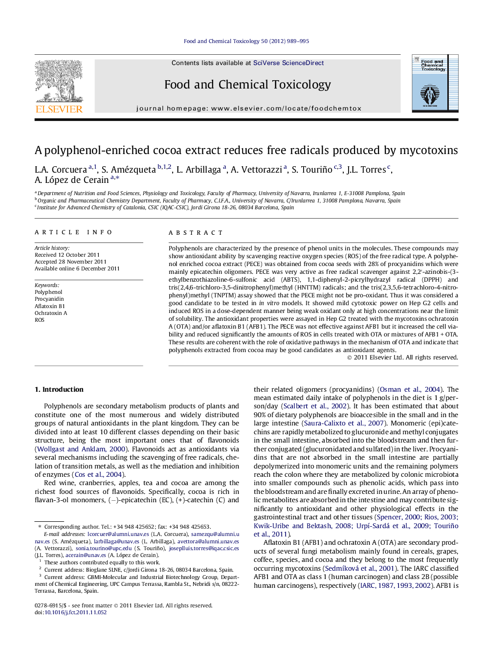 A polyphenol-enriched cocoa extract reduces free radicals produced by mycotoxins