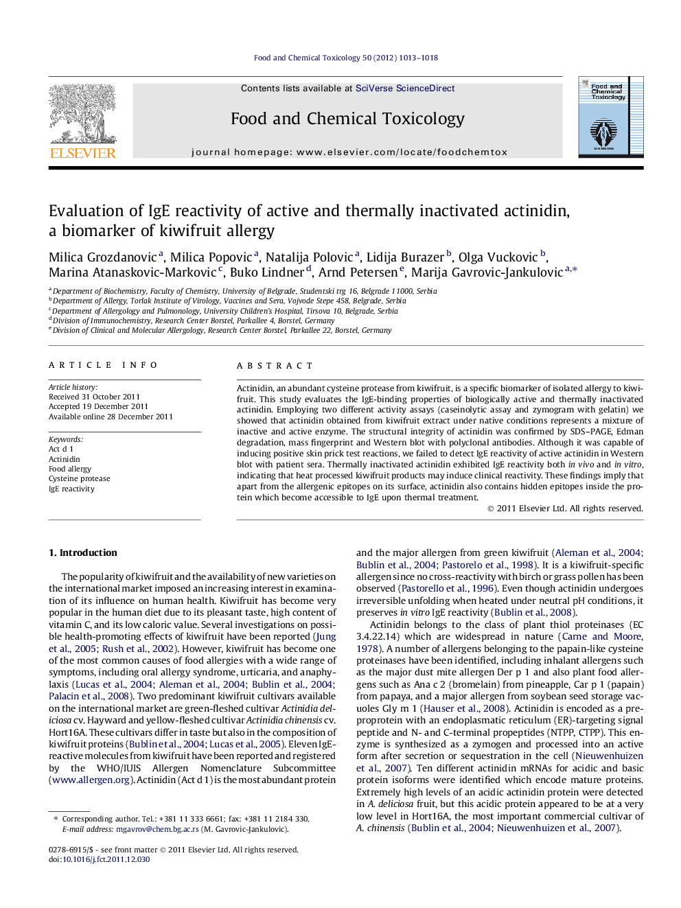 Evaluation of IgE reactivity of active and thermally inactivated actinidin, a biomarker of kiwifruit allergy