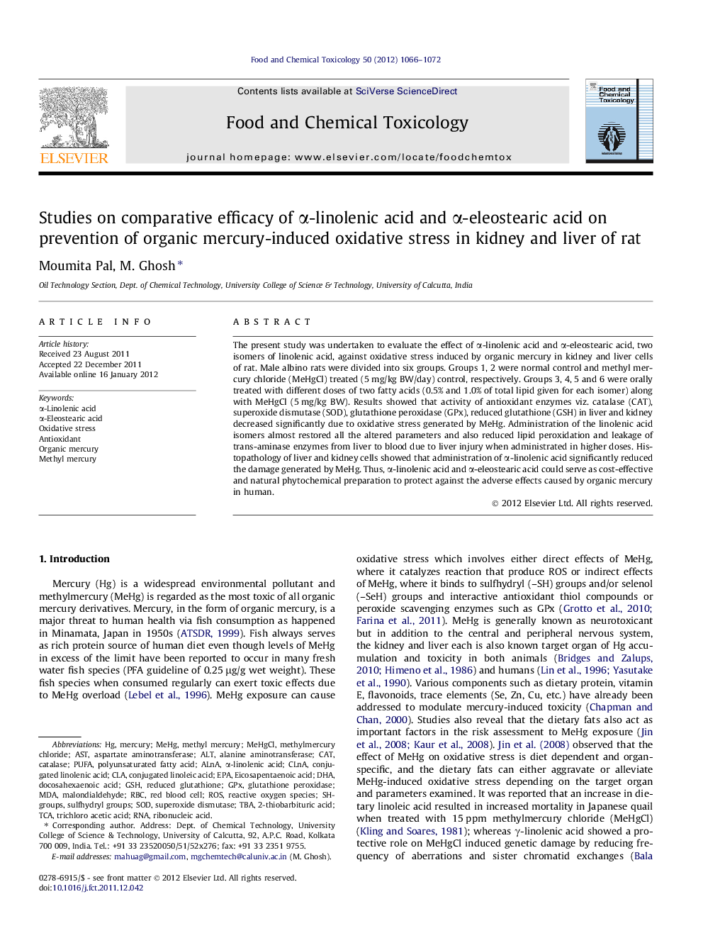 Studies on comparative efficacy of Î±-linolenic acid and Î±-eleostearic acid on prevention of organic mercury-induced oxidative stress in kidney and liver of rat