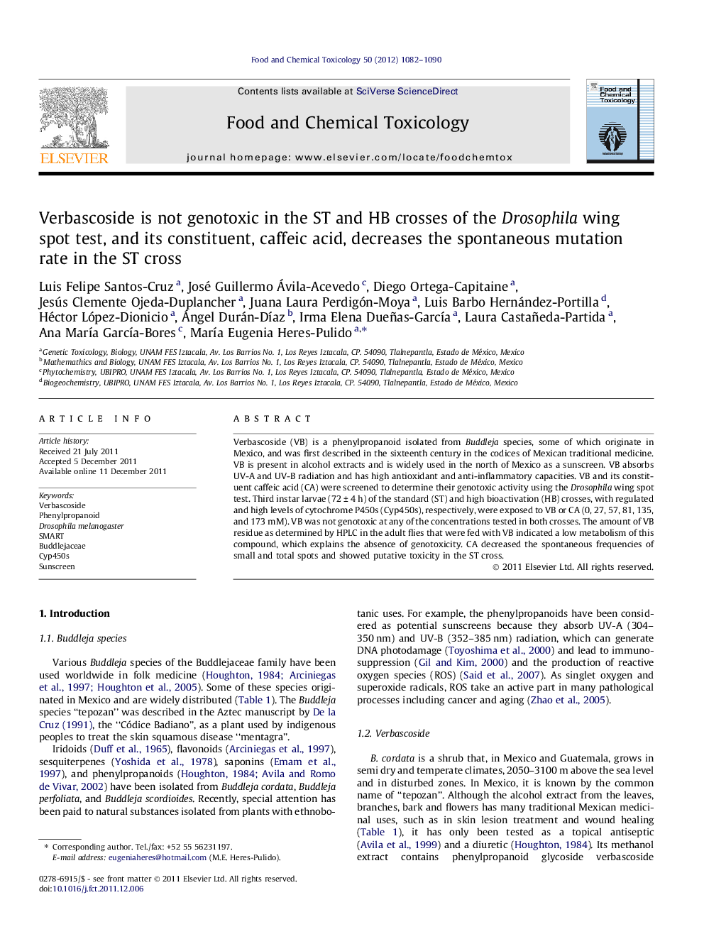 Verbascoside is not genotoxic in the ST and HB crosses of the Drosophila wing spot test, and its constituent, caffeic acid, decreases the spontaneous mutation rate in the ST cross