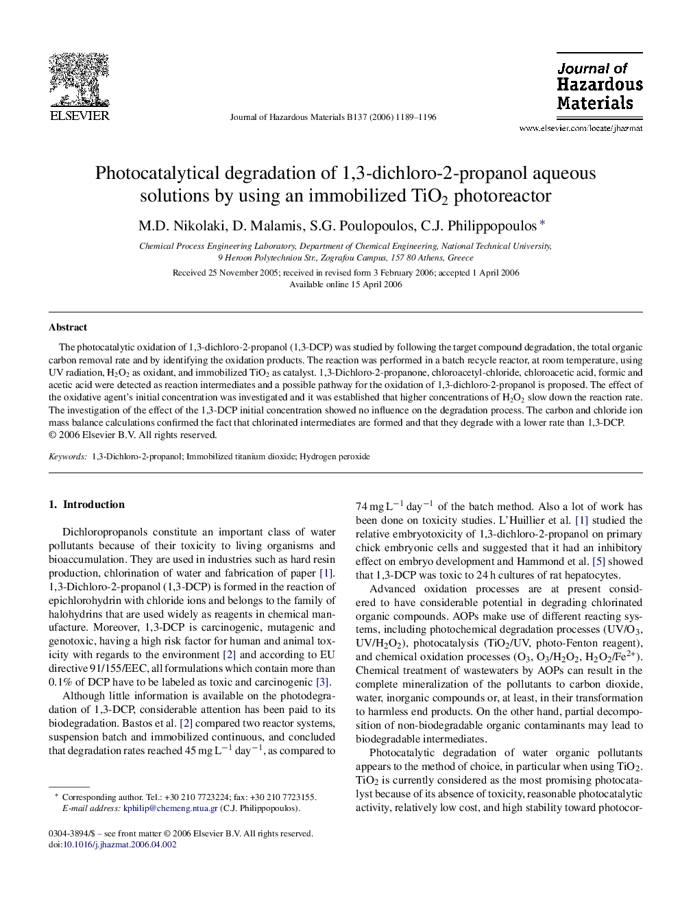 Photocatalytical degradation of 1,3-dichloro-2-propanol aqueous solutions by using an immobilized TiO2 photoreactor