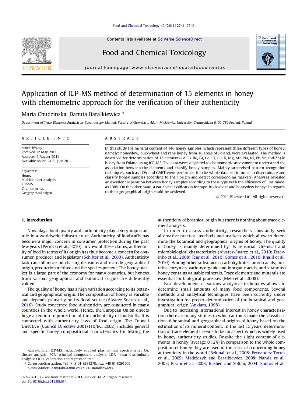 Application of ICP-MS method of determination of 15 elements in honey with chemometric approach for the verification of their authenticity