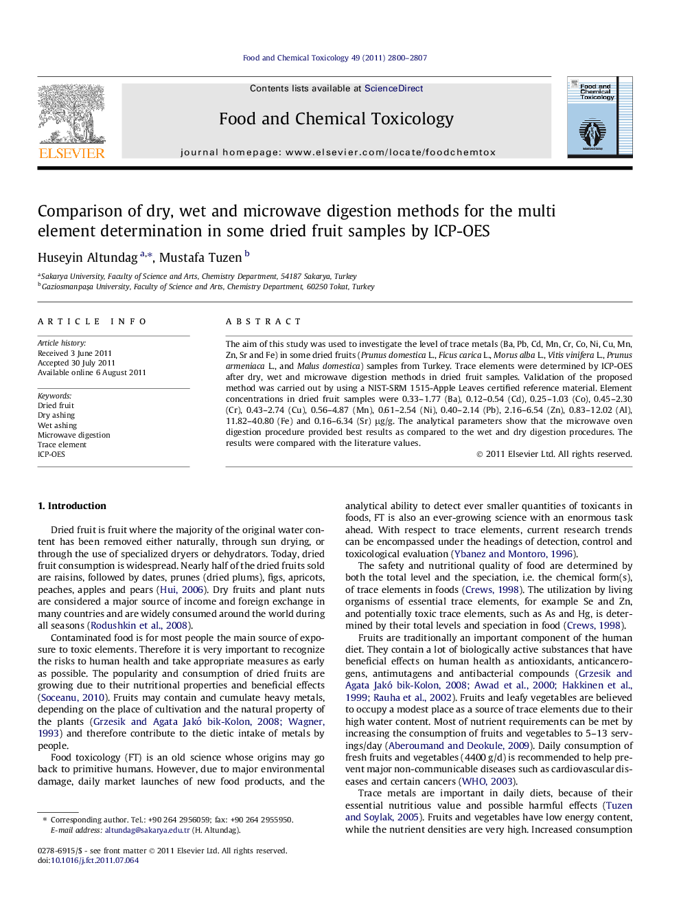 Comparison of dry, wet and microwave digestion methods for the multi element determination in some dried fruit samples by ICP-OES