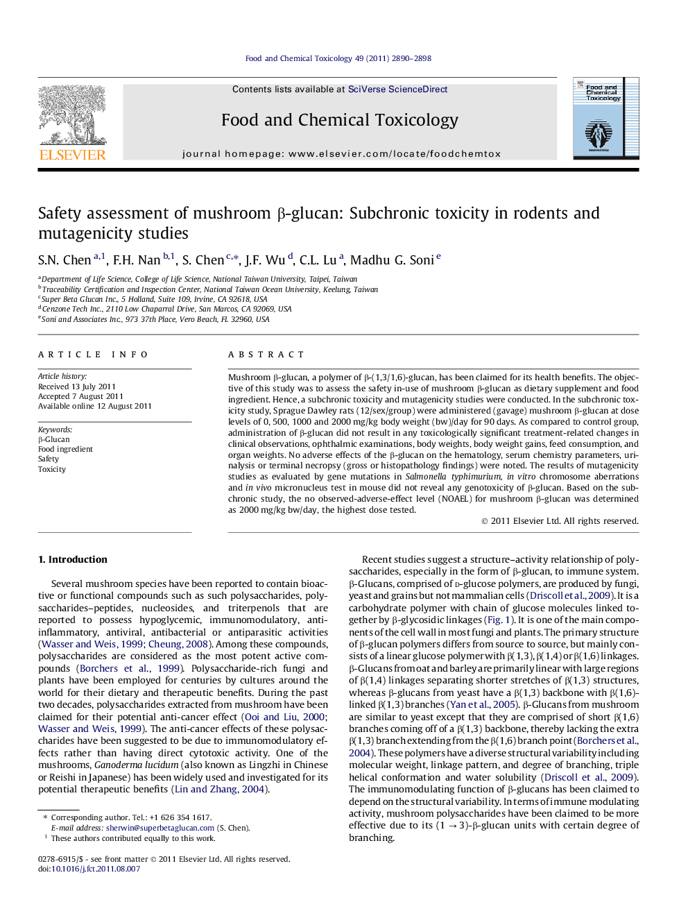 Safety assessment of mushroom Î²-glucan: Subchronic toxicity in rodents and mutagenicity studies