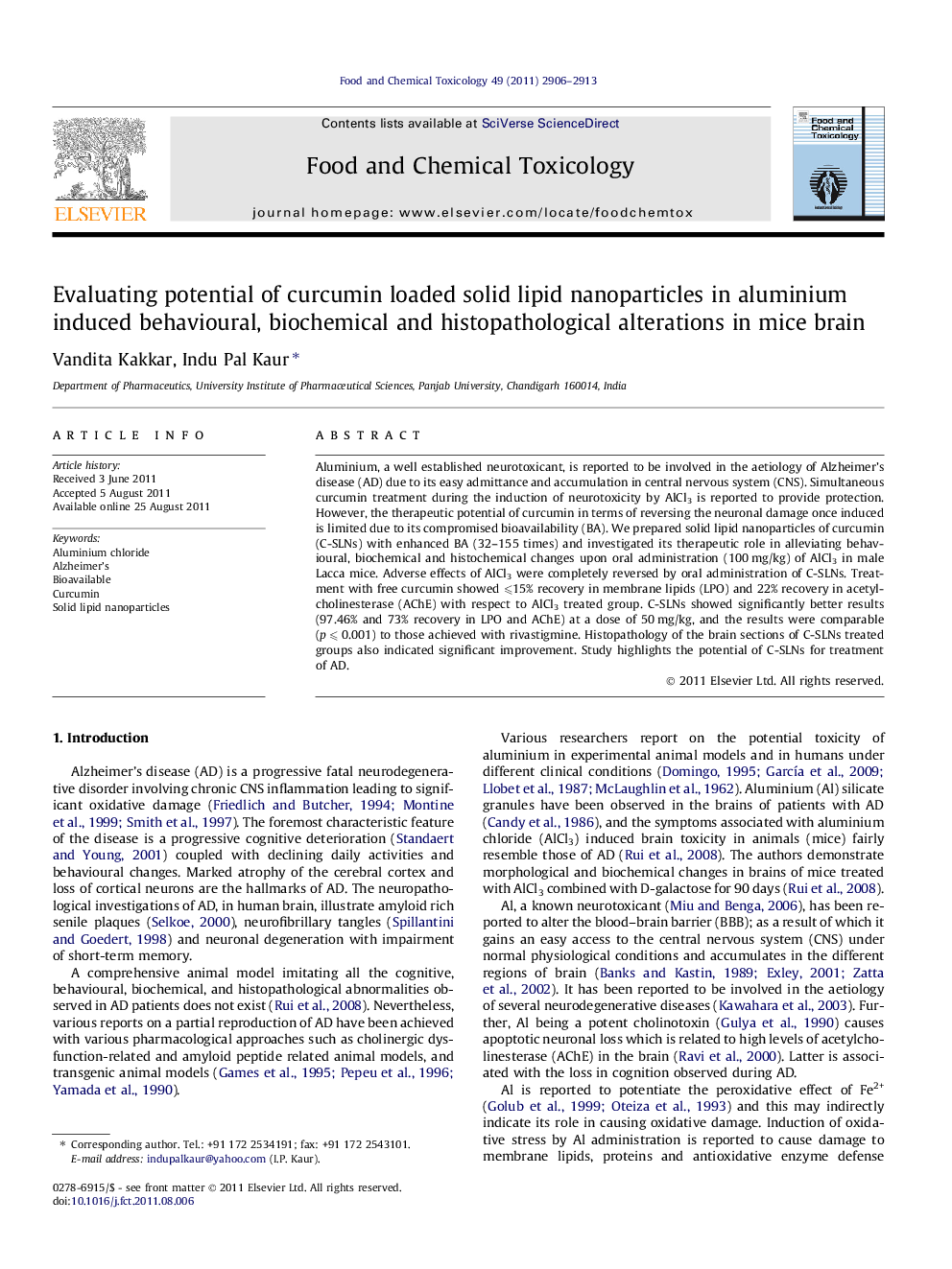 Evaluating potential of curcumin loaded solid lipid nanoparticles in aluminium induced behavioural, biochemical and histopathological alterations in mice brain