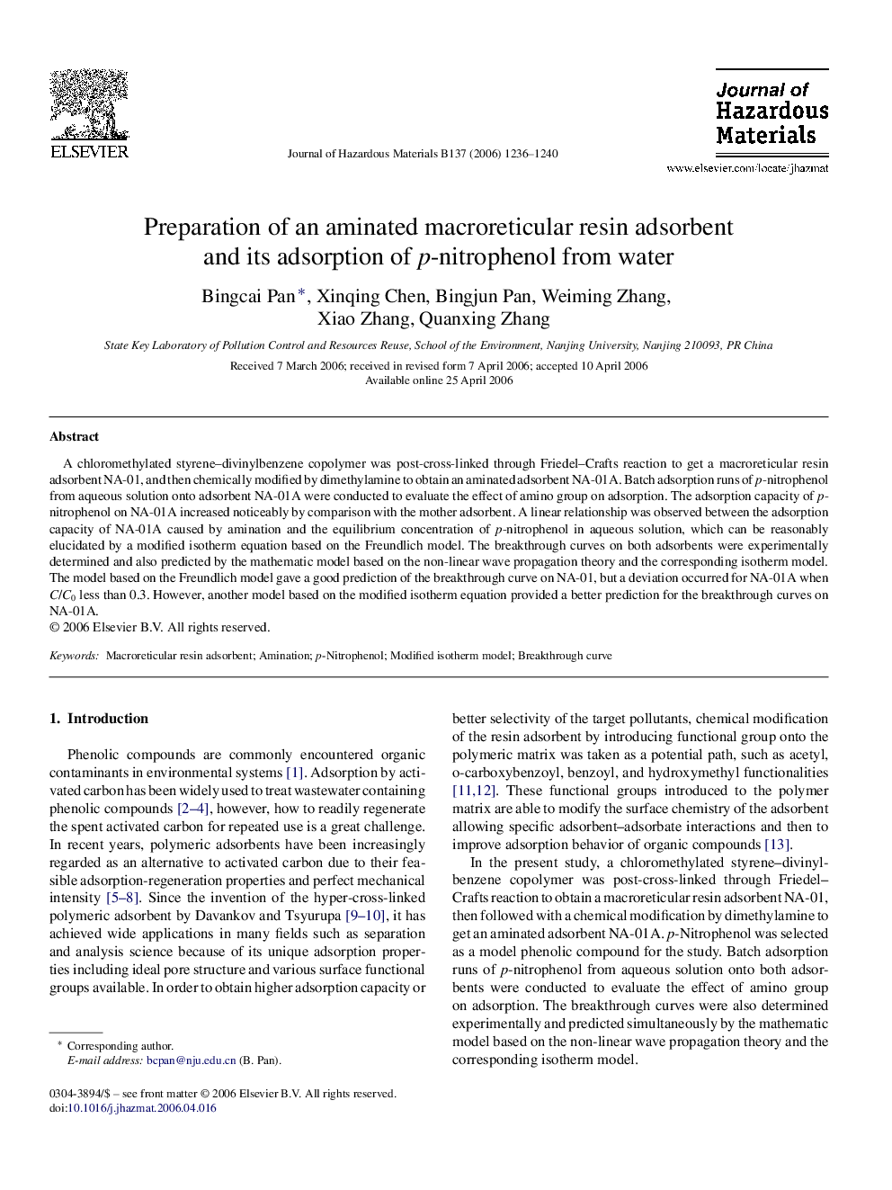 Preparation of an aminated macroreticular resin adsorbent and its adsorption of p-nitrophenol from water