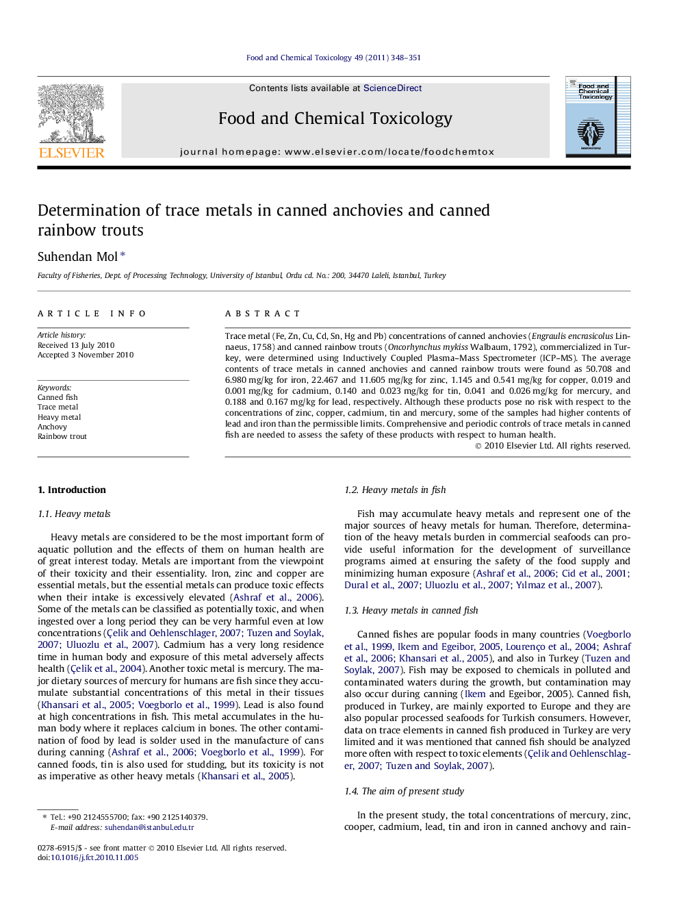 عکس صفحه اول مقاله: Determination of trace metals in canned anchovies and canned rainbow trouts Determination of trace metals in canned anchovies and canned rainbow trouts