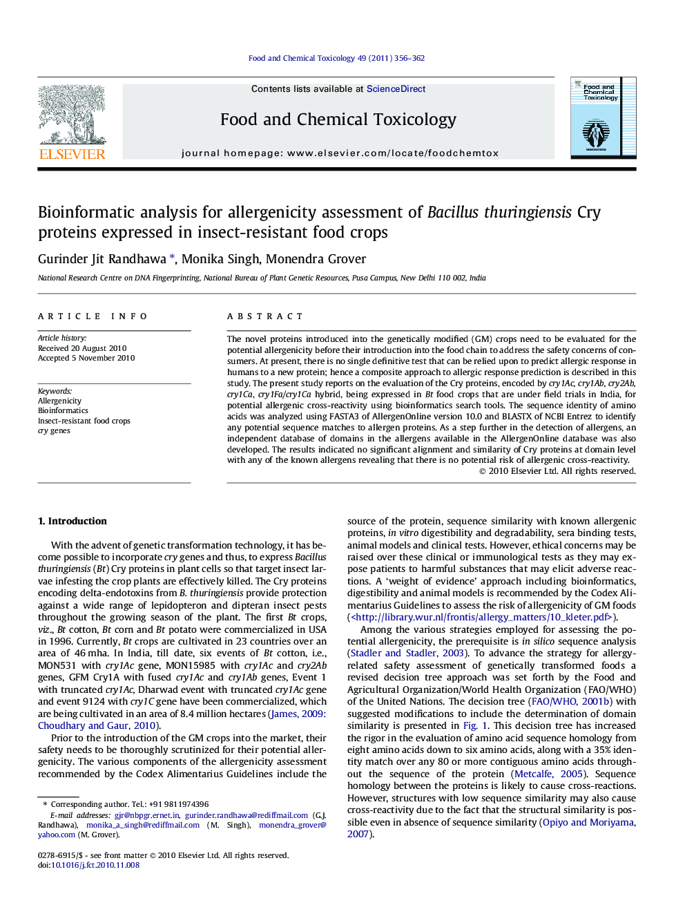 Bioinformatic analysis for allergenicity assessment of Bacillus thuringiensis Cry proteins expressed in insect-resistant food crops