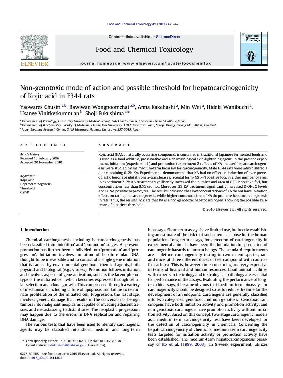 Non-genotoxic mode of action and possible threshold for hepatocarcinogenicity of Kojic acid in F344 rats