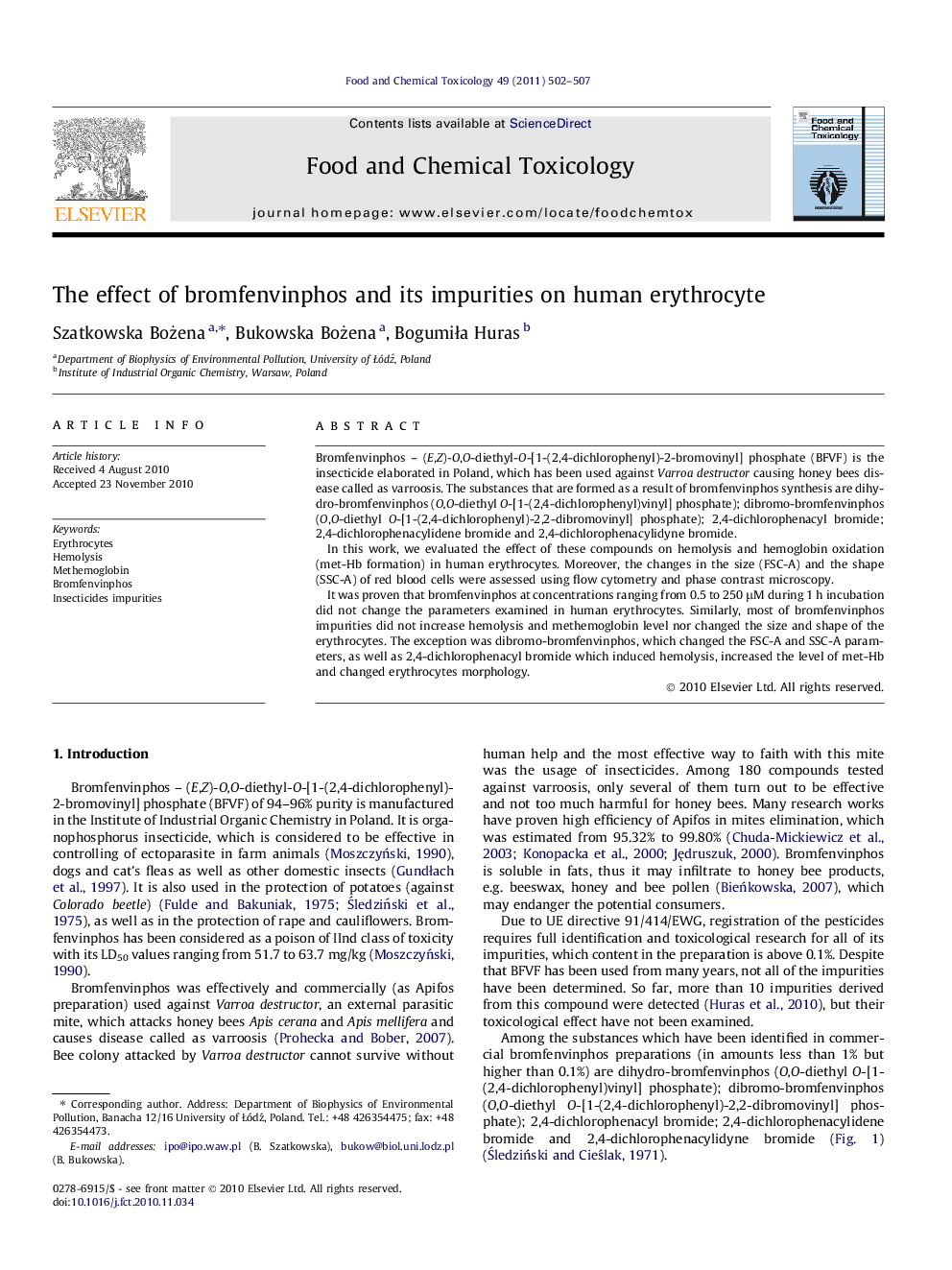 The effect of bromfenvinphos and its impurities on human erythrocyte