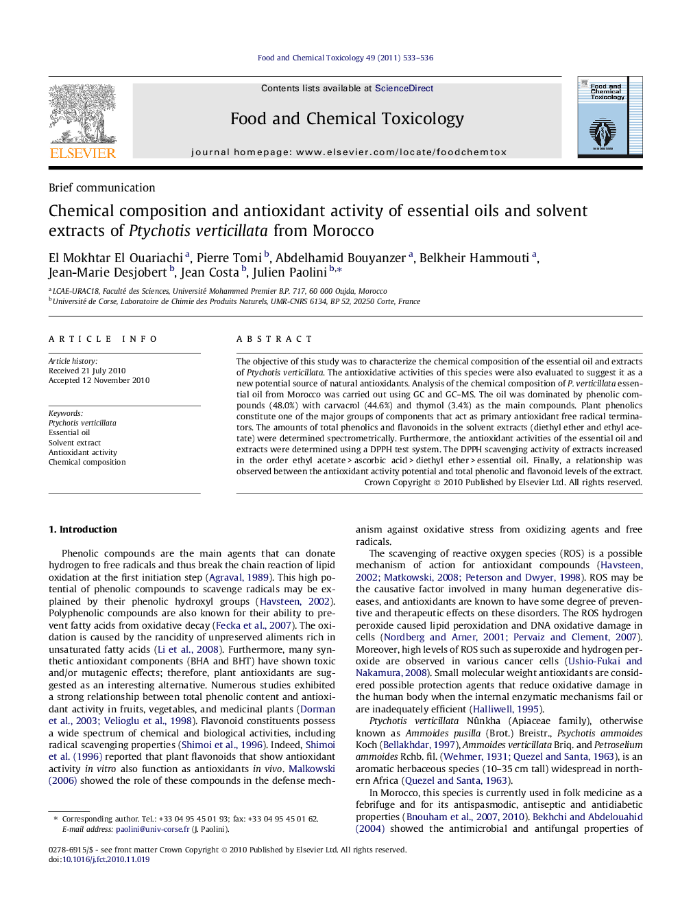 Chemical composition and antioxidant activity of essential oils and solvent extracts of Ptychotis verticillata from Morocco