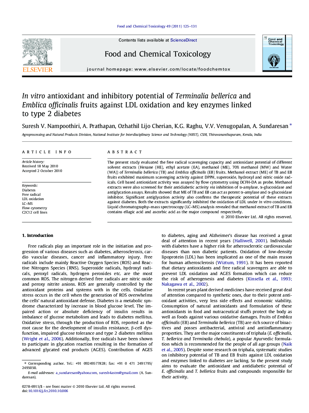 In vitro antioxidant and inhibitory potential of Terminalia bellerica and Emblica officinalis fruits against LDL oxidation and key enzymes linked to type 2 diabetes