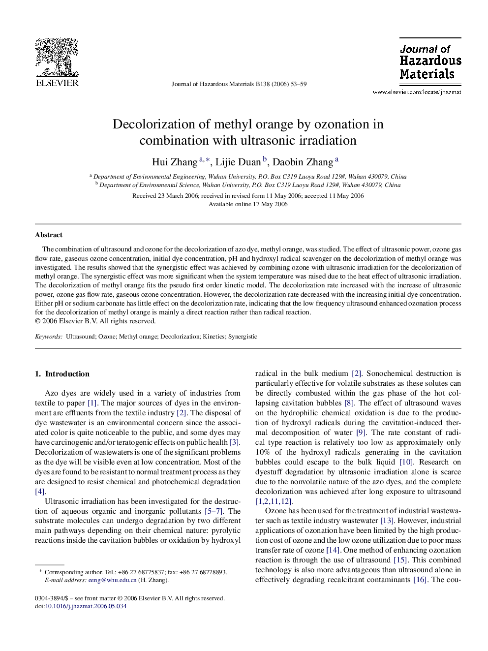 Decolorization of methyl orange by ozonation in combination with ultrasonic irradiation