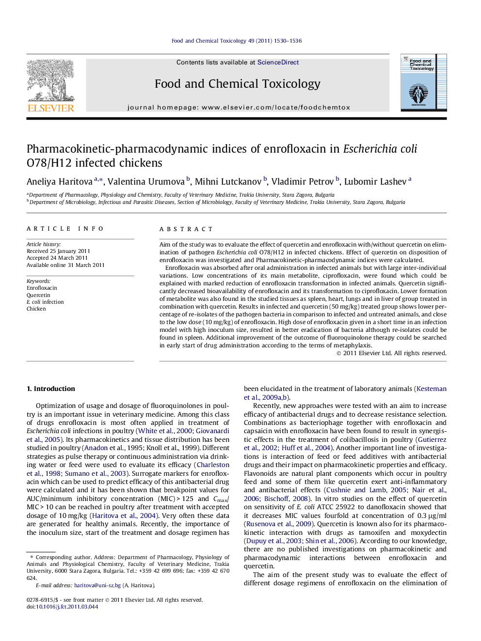 Pharmacokinetic-pharmacodynamic indices of enrofloxacin in Escherichia coli O78/H12 infected chickens