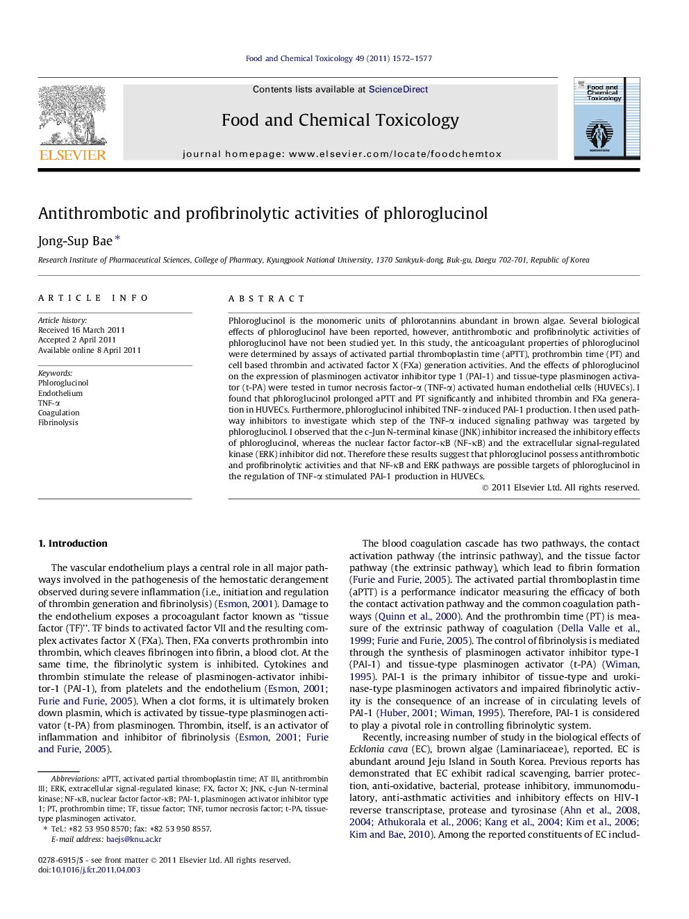 Antithrombotic and profibrinolytic activities of phloroglucinol