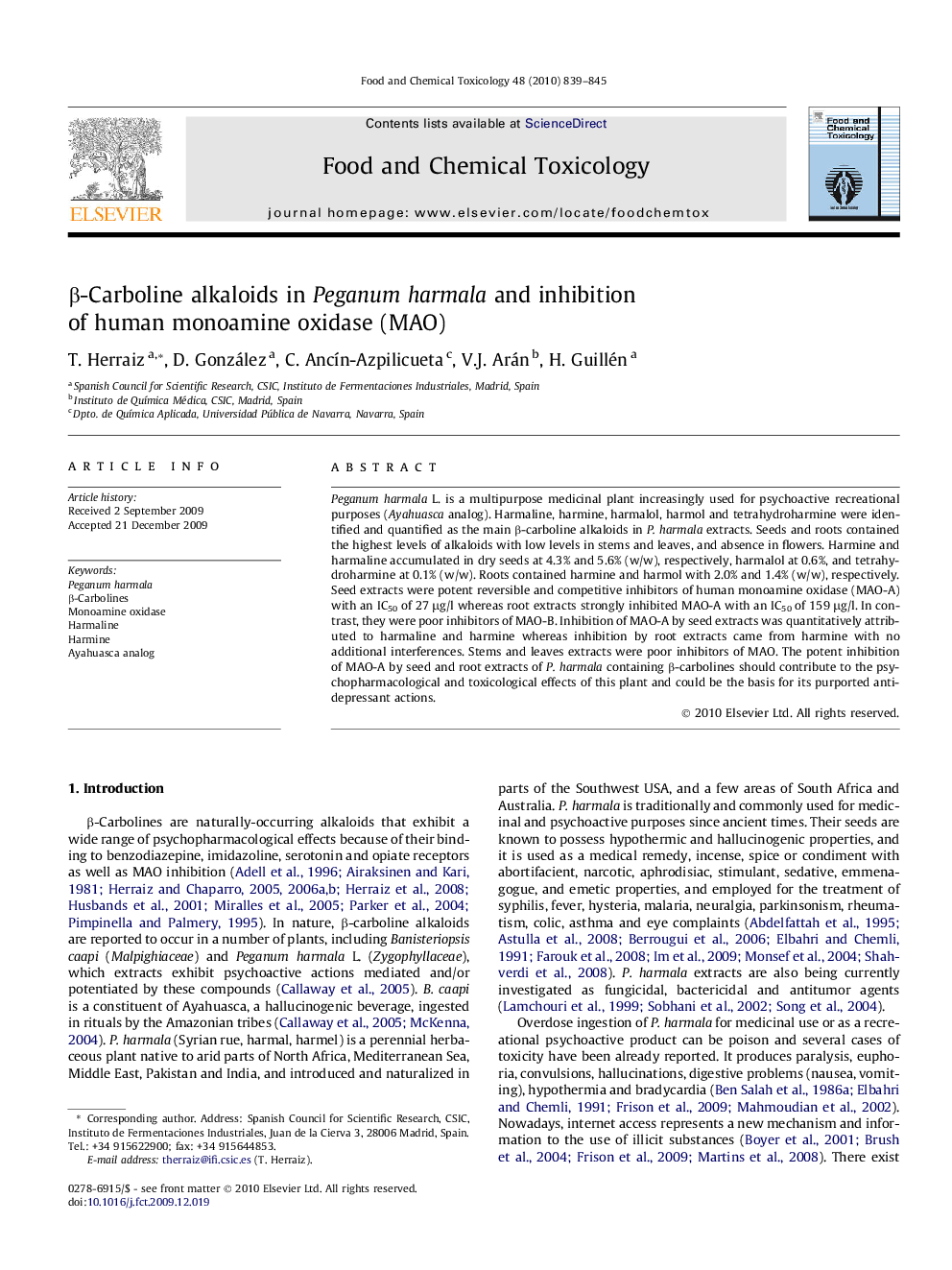 Î²-Carboline alkaloids in Peganum harmala and inhibition of human monoamine oxidase (MAO)