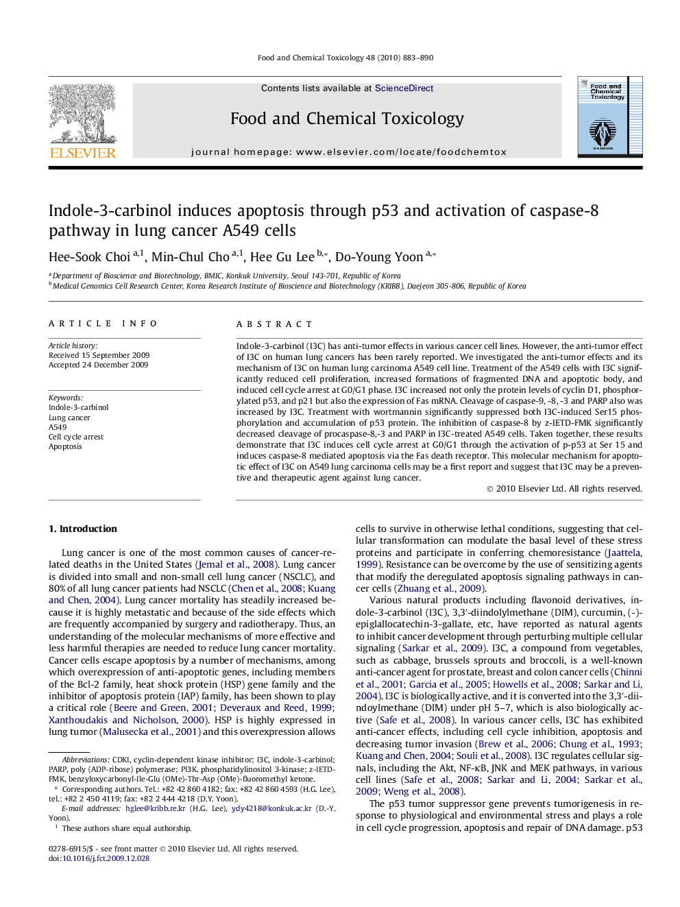 Indole-3-carbinol induces apoptosis through p53 and activation of caspase-8 pathway in lung cancer A549 cells