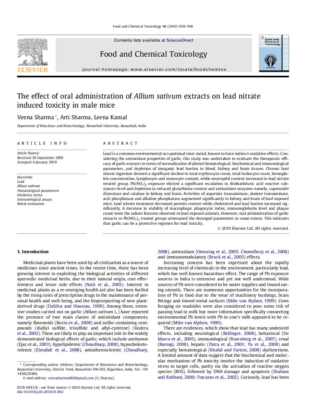 The effect of oral administration of Allium sativum extracts on lead nitrate induced toxicity in male mice