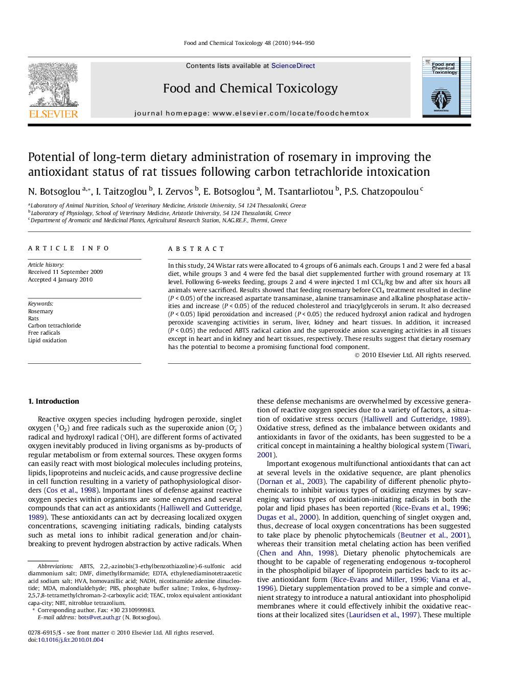 Potential of long-term dietary administration of rosemary in improving the antioxidant status of rat tissues following carbon tetrachloride intoxication