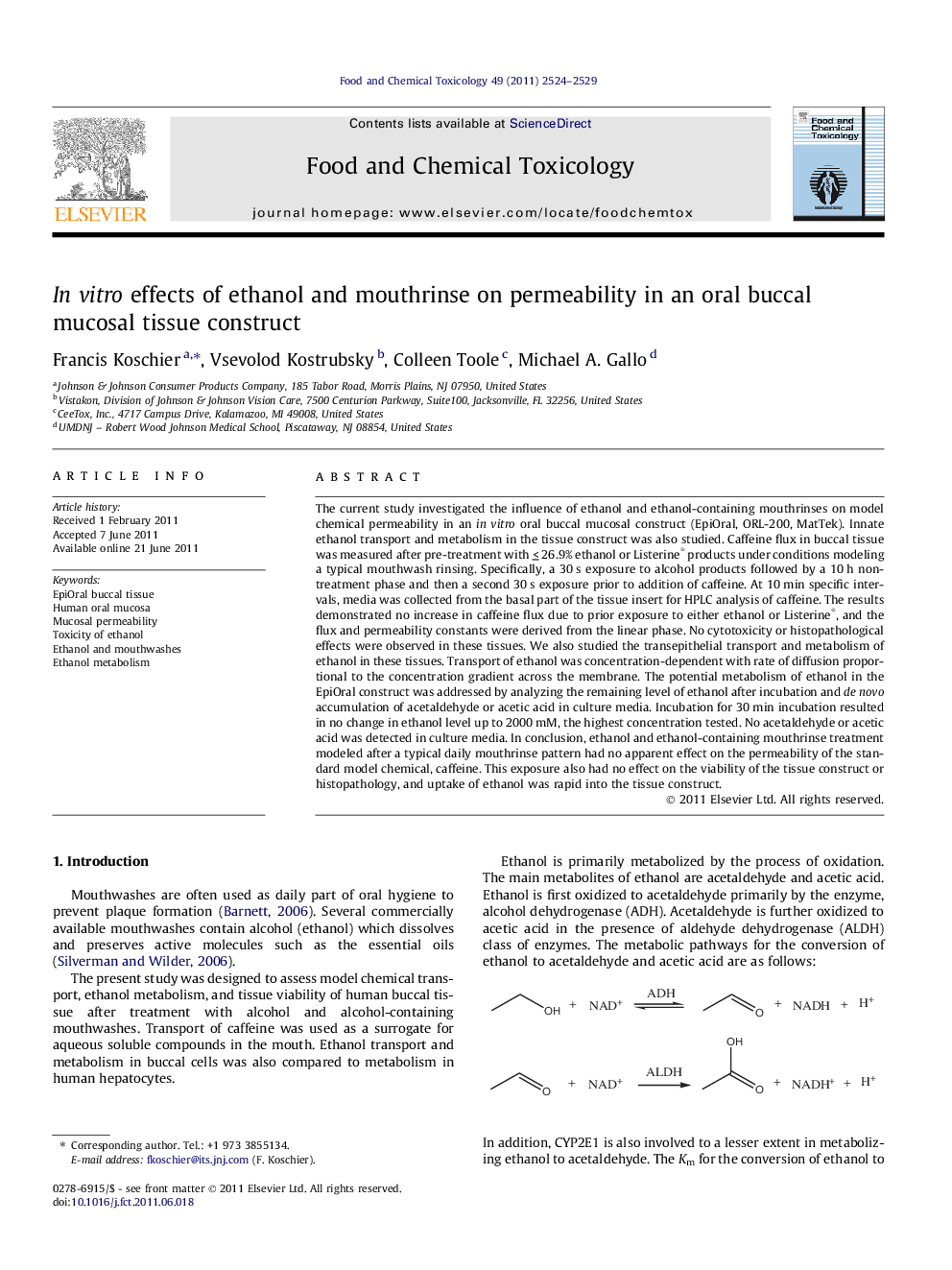 In vitro effects of ethanol and mouthrinse on permeability in an oral buccal mucosal tissue construct