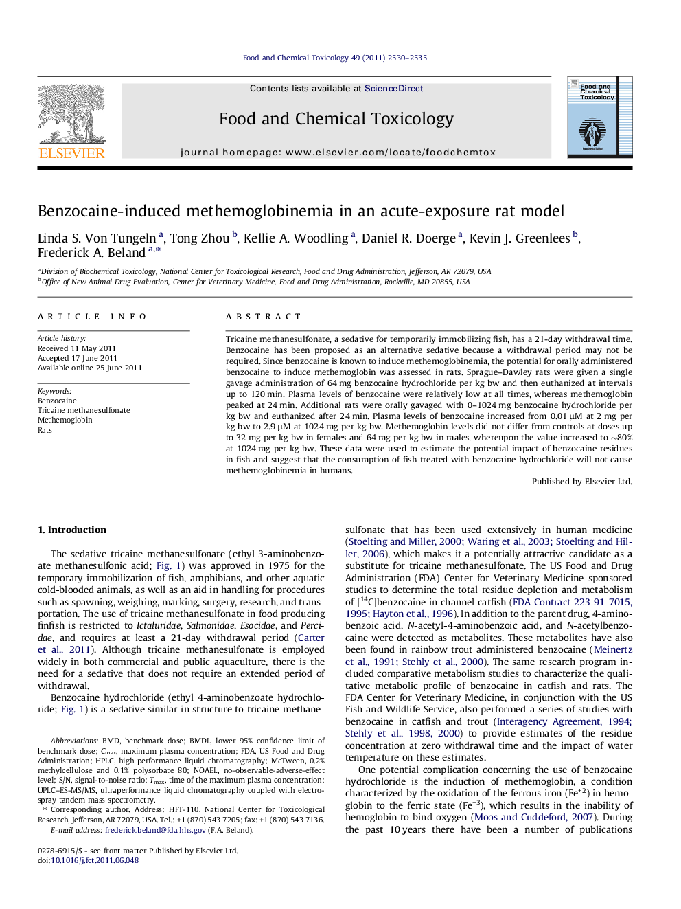 Benzocaine-induced methemoglobinemia in an acute-exposure rat model