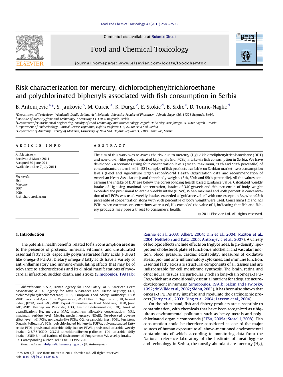 Risk characterization for mercury, dichlorodiphenyltrichloroethane and polychlorinated biphenyls associated with fish consumption in Serbia