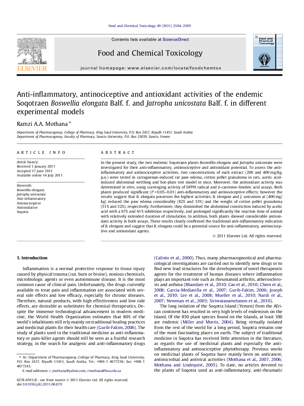 Anti-inflammatory, antinociceptive and antioxidant activities of the endemic Soqotraen Boswellia elongata Balf. f. and Jatropha unicostata Balf. f. in different experimental models