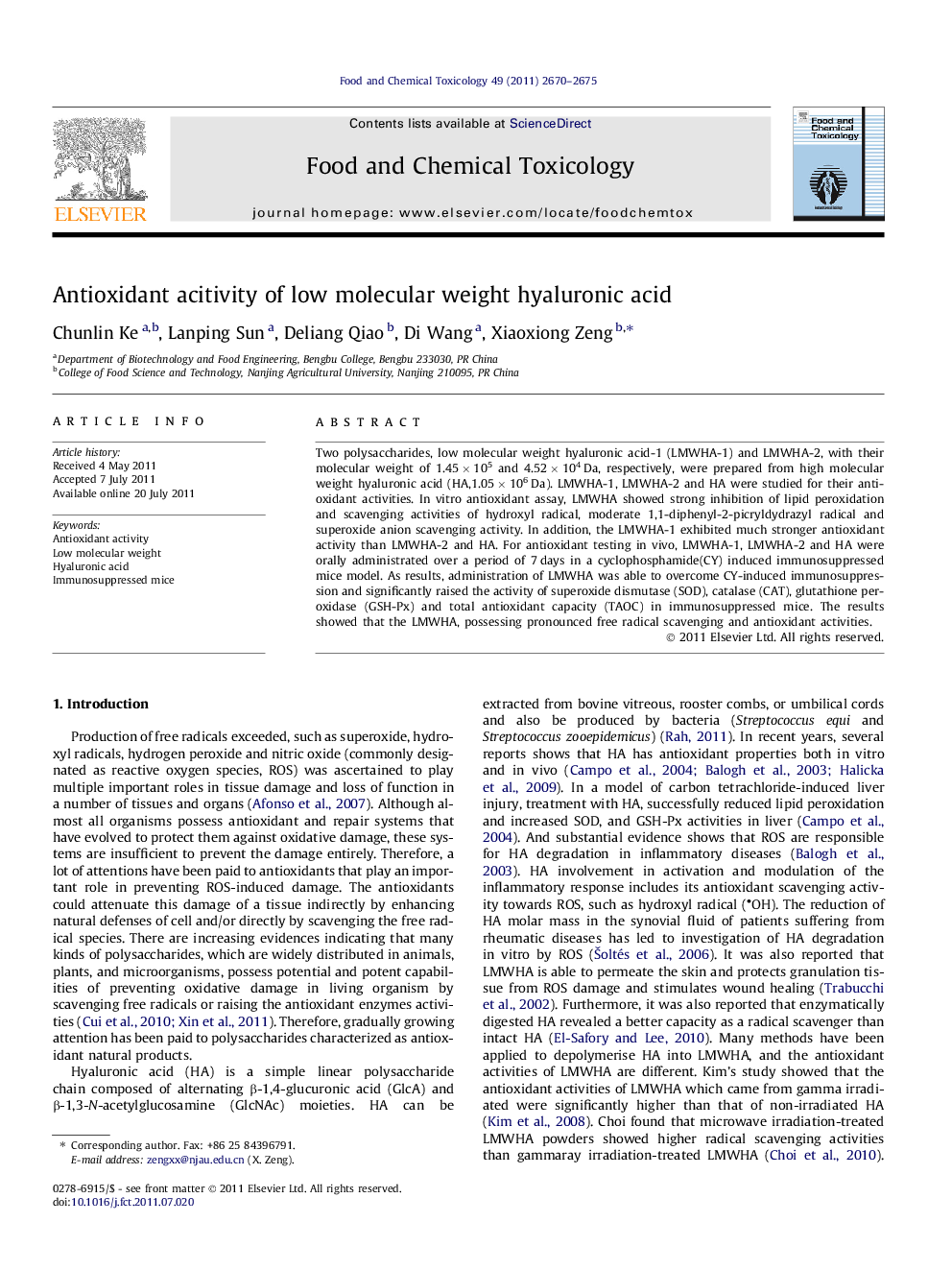 Antioxidant acitivity of low molecular weight hyaluronic acid