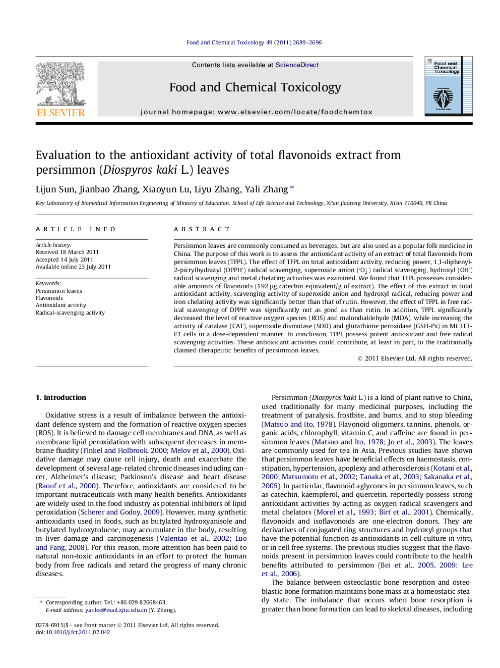 Evaluation to the antioxidant activity of total flavonoids extract from persimmon (Diospyros kaki L.) leaves