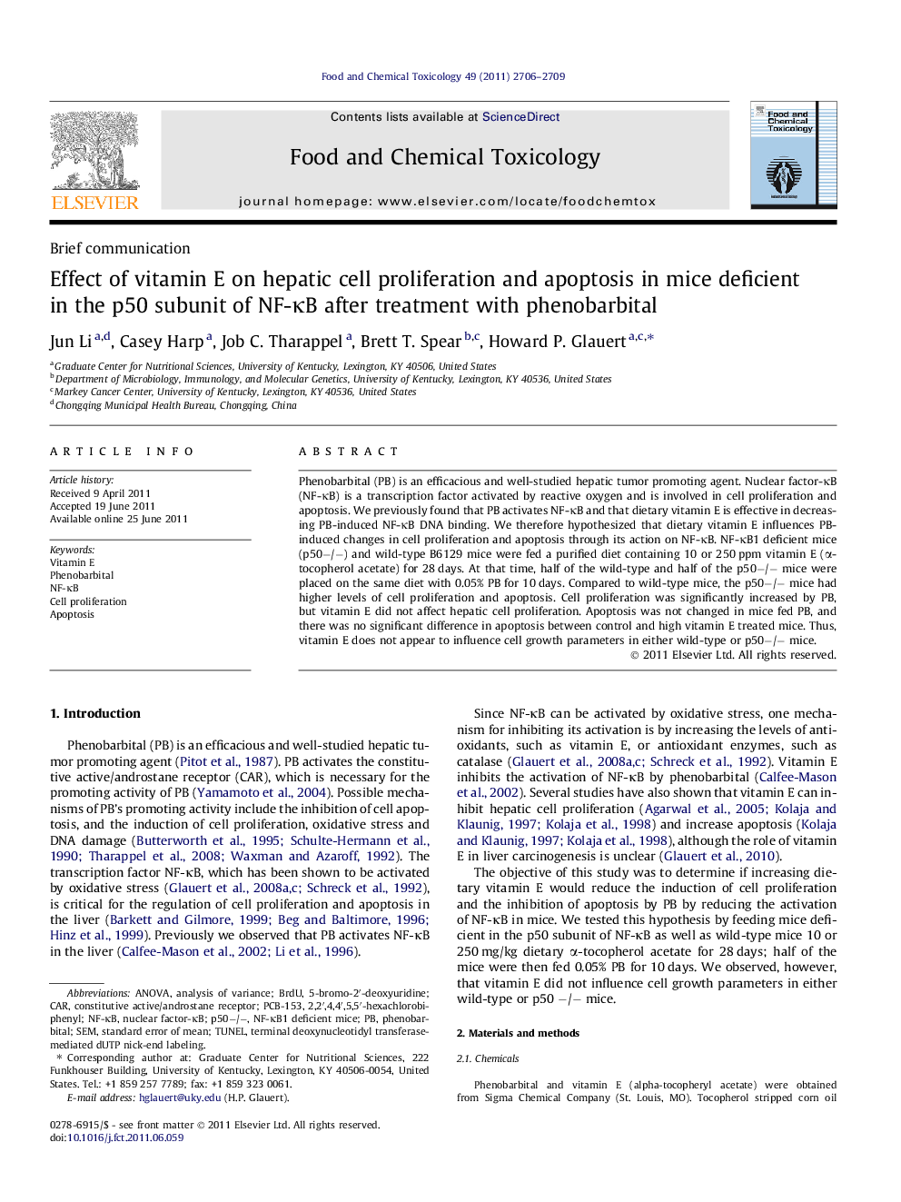 Brief communicationEffect of vitamin E on hepatic cell proliferation and apoptosis in mice deficient in the p50 subunit of NF-ÎºB after treatment with phenobarbital