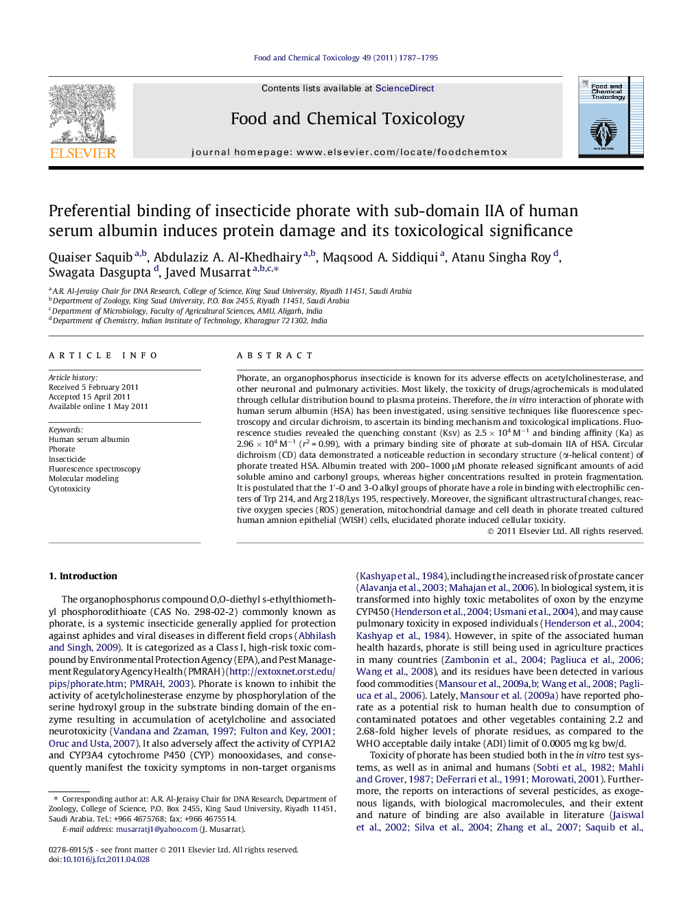 Preferential binding of insecticide phorate with sub-domain IIA of human serum albumin induces protein damage and its toxicological significance