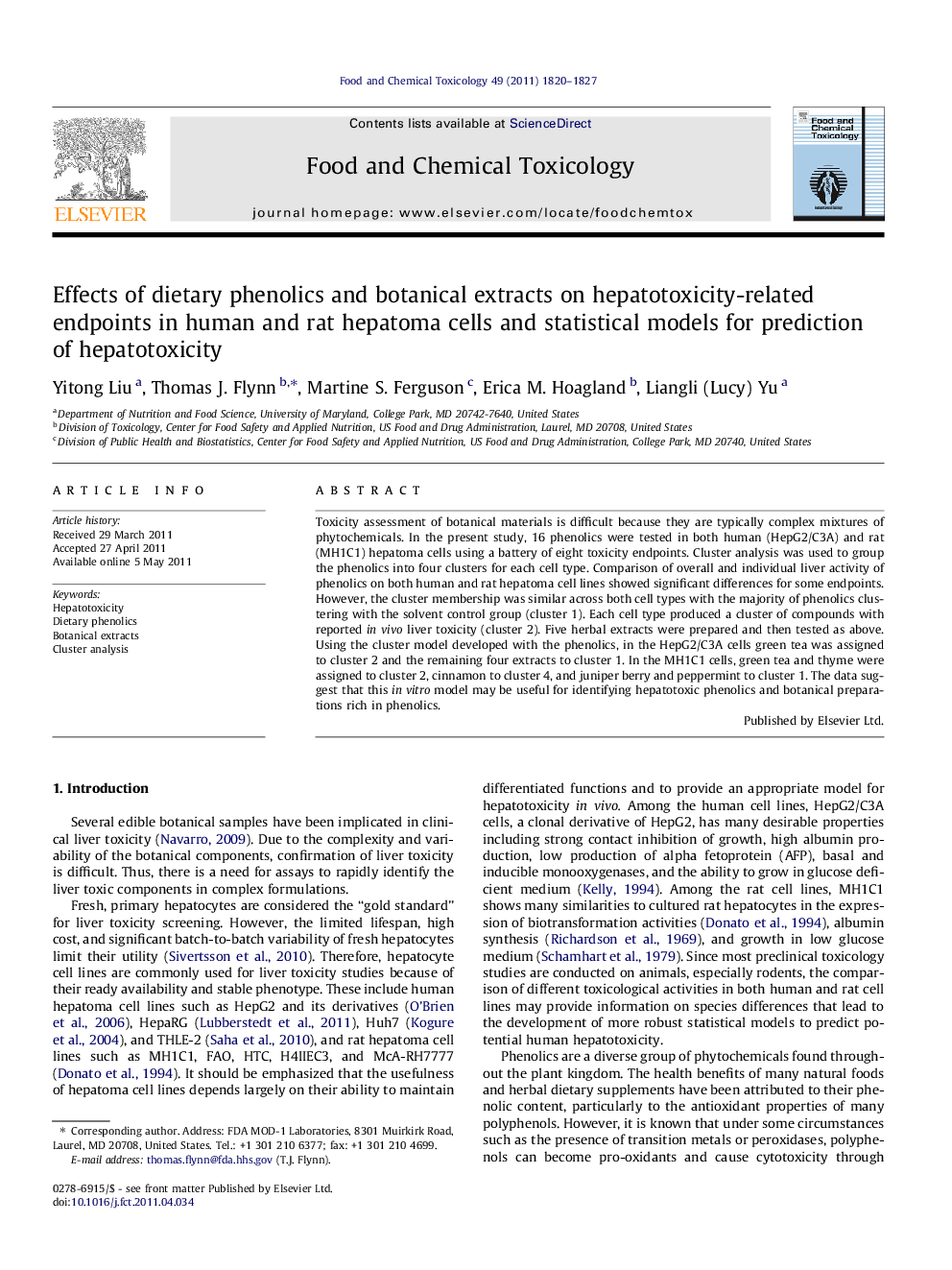 Effects of dietary phenolics and botanical extracts on hepatotoxicity-related endpoints in human and rat hepatoma cells and statistical models for prediction of hepatotoxicity